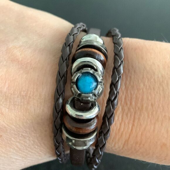 Ibiza Brown Vegan Leather Multi-Strand Cuff Bracelet with Faux Turquoise - Picture 1 of 10
